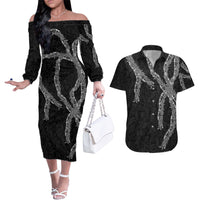 Hawaii Maile Lei Couples Matching Off The Shoulder Long Sleeve Dress and Hawaiian Shirt Aloha Grayscale Color