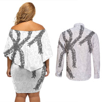 Hawaii Maile Lei Couples Matching Off Shoulder Short Dress and Long Sleeve Button Shirt Aloha The Grey Color LT03 - Polynesian Pride