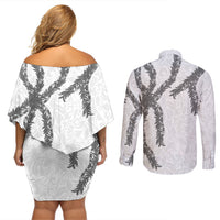 Hawaii Maile Lei Couples Matching Off Shoulder Short Dress and Long Sleeve Button Shirt Aloha The Grey Color