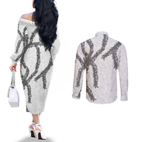 Hawaii Maile Lei Couples Matching Off The Shoulder Long Sleeve Dress and Long Sleeve Button Shirt Aloha The Grey Color