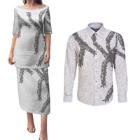 Hawaii Maile Lei Couples Matching Puletasi and Long Sleeve Button Shirt Aloha The Grey Color