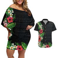 Hawaii Tropical Flowers and Leaves Couples Matching Off Shoulder Short Dress and Hawaiian Shirt Tapa Pattern Colorful Mode