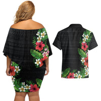Hawaii Tropical Flowers and Leaves Couples Matching Off Shoulder Short Dress and Hawaiian Shirt Tapa Pattern Colorful Mode LT03 - Polynesian Pride