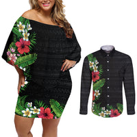 Hawaii Tropical Flowers and Leaves Couples Matching Off Shoulder Short Dress and Long Sleeve Button Shirt Tapa Pattern Colorful Mode