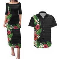 Hawaii Tropical Flowers and Leaves Couples Matching Puletasi and Hawaiian Shirt Tapa Pattern Colorful Mode LT03 Black - Polynesian Pride