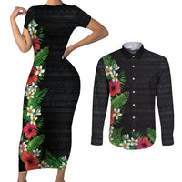 Hawaii Tropical Flowers and Leaves Couples Matching Short Sleeve Bodycon Dress and Long Sleeve Button Shirt Tapa Pattern Colorful Mode