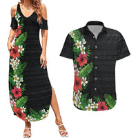 Hawaii Tropical Flowers and Leaves Couples Matching Summer Maxi Dress and Hawaiian Shirt Tapa Pattern Colorful Mode LT03 Black - Polynesian Pride