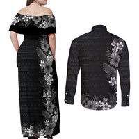 Hawaii Tropical Flowers and Leaves Couples Matching Off Shoulder Maxi Dress and Long Sleeve Button Shirt Tapa Pattern Grayscale Mode