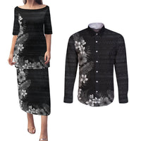 Hawaii Tropical Flowers and Leaves Couples Matching Puletasi and Long Sleeve Button Shirt Tapa Pattern Grayscale Mode LT03 Grayscale - Polynesian Pride