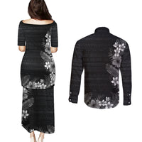 Hawaii Tropical Flowers and Leaves Couples Matching Puletasi and Long Sleeve Button Shirt Tapa Pattern Grayscale Mode LT03 - Polynesian Pride
