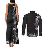 Hawaii Tropical Flowers and Leaves Couples Matching Tank Maxi Dress and Long Sleeve Button Shirt Tapa Pattern Grayscale Mode