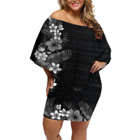 Hawaii Tropical Flowers and Leaves Off Shoulder Short Dress Tapa Pattern Grayscale Mode LT03 Women Grayscale - Polynesian Pride