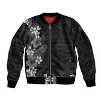 Hawaii Tropical Flowers and Leaves Sleeve Zip Bomber Jacket Tapa Pattern Grayscale Mode