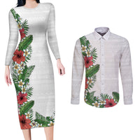 Hawaii Tropical Flowers and Leaves Couples Matching Long Sleeve Bodycon Dress and Long Sleeve Button Shirt Tapa Pattern White Mode