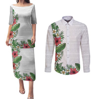 Hawaii Tropical Flowers and Leaves Couples Matching Puletasi and Long Sleeve Button Shirt Tapa Pattern White Mode LT03 White - Polynesian Pride
