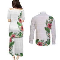 Hawaii Tropical Flowers and Leaves Couples Matching Puletasi and Long Sleeve Button Shirt Tapa Pattern White Mode LT03 - Polynesian Pride