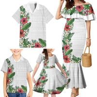 Hawaii Tropical Flowers and Leaves Family Matching Mermaid Dress and Hawaiian Shirt Tapa Pattern White Mode
