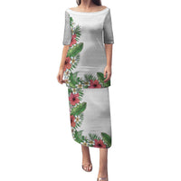 Hawaii Tropical Flowers and Leaves Puletasi Tapa Pattern White Mode