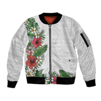 Hawaii Tropical Flowers and Leaves Sleeve Zip Bomber Jacket Tapa Pattern White Mode