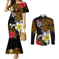 Hawaii Turtle and Tropical Flower Couples Matching Mermaid Dress and Long Sleeve Button Shirt Polynesian Pattern LT03 Black - Polynesian Pride