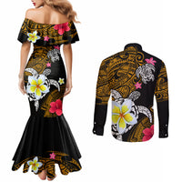 Hawaii Turtle and Tropical Flower Couples Matching Mermaid Dress and Long Sleeve Button Shirt Polynesian Pattern