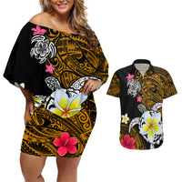 Hawaii Turtle and Tropical Flower Couples Matching Off Shoulder Short Dress and Hawaiian Shirt Polynesian Pattern LT03 Black - Polynesian Pride