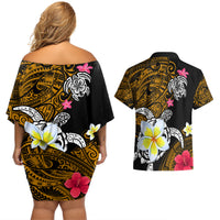 Hawaii Turtle and Tropical Flower Couples Matching Off Shoulder Short Dress and Hawaiian Shirt Polynesian Pattern LT03 - Polynesian Pride