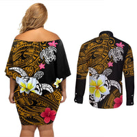 Hawaii Turtle and Tropical Flower Couples Matching Off Shoulder Short Dress and Long Sleeve Button Shirt Polynesian Pattern LT03 - Polynesian Pride