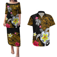 Hawaii Turtle and Tropical Flower Couples Matching Puletasi and Hawaiian Shirt Polynesian Pattern