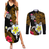 Hawaii Turtle and Tropical Flower Couples Matching Summer Maxi Dress and Long Sleeve Button Shirt Polynesian Pattern LT03 Black - Polynesian Pride