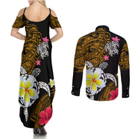 Hawaii Turtle and Tropical Flower Couples Matching Summer Maxi Dress and Long Sleeve Button Shirt Polynesian Pattern LT03 - Polynesian Pride