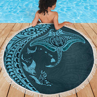 Hawaiian Manta Ray and Polynesian Tribal Tattoo Beach Blanket Turquoise Color LT03