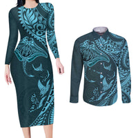 Hawaiian Manta Ray and Polynesian Tribal Tattoo Couples Matching Long Sleeve Bodycon Dress and Long Sleeve Button Shirt Turquoise Color LT03