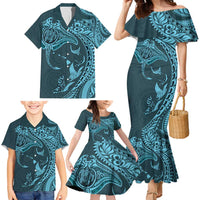 Hawaiian Manta Ray and Polynesian Tribal Tattoo Family Matching Mermaid Dress and Hawaiian Shirt Turquoise Color LT03