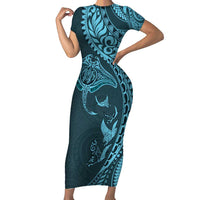 Hawaiian Manta Ray and Polynesian Tribal Tattoo Family Matching Short Sleeve Bodycon Dress and Hawaiian Shirt Turquoise Color LT03