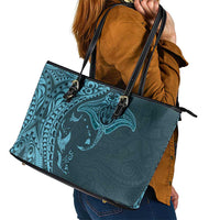 Hawaiian Manta Ray and Polynesian Tribal Tattoo Leather Tote Bag Turquoise Color LT03