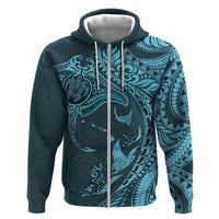 Hawaiian Manta Ray and Polynesian Tribal Tattoo Zip Hoodie Turquoise Color LT03