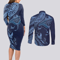 Hawaiian Manta Ray and Polynesian Tribal Tattoo Couples Matching Long Sleeve Bodycon Dress and Long Sleeve Button Shirt Dark Navy Color LT03