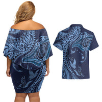 Hawaiian Manta Ray and Polynesian Tribal Tattoo Couples Matching Off Shoulder Short Dress and Hawaiian Shirt Dark Navy Color LT03