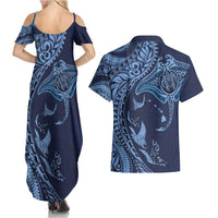 Hawaiian Manta Ray and Polynesian Tribal Tattoo Couples Matching Summer Maxi Dress and Hawaiian Shirt Dark Navy Color LT03
