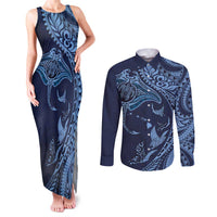 Hawaiian Manta Ray and Polynesian Tribal Tattoo Couples Matching Tank Maxi Dress and Long Sleeve Button Shirt Dark Navy Color LT03