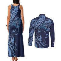 Hawaiian Manta Ray and Polynesian Tribal Tattoo Couples Matching Tank Maxi Dress and Long Sleeve Button Shirt Dark Navy Color LT03