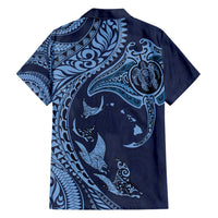Hawaiian Manta Ray and Polynesian Tribal Tattoo Family Matching Off Shoulder Maxi Dress and Hawaiian Shirt Dark Navy Color LT03