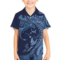 Hawaiian Manta Ray and Polynesian Tribal Tattoo Family Matching Puletasi and Hawaiian Shirt Dark Navy Color LT03