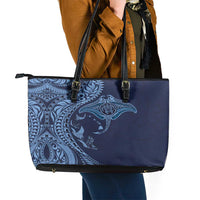 Hawaiian Manta Ray and Polynesian Tribal Tattoo Leather Tote Bag Dark Navy Color LT03