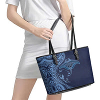 Hawaiian Manta Ray and Polynesian Tribal Tattoo Leather Tote Bag Dark Navy Color LT03