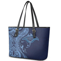 Hawaiian Manta Ray and Polynesian Tribal Tattoo Leather Tote Bag Dark Navy Color LT03