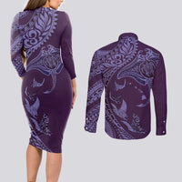 Hawaiian Manta Ray and Polynesian Tribal Tattoo Couples Matching Long Sleeve Bodycon Dress and Long Sleeve Button Shirt Purple Color LT03