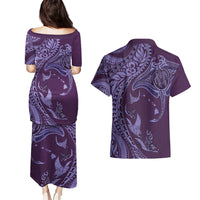 Hawaiian Manta Ray and Polynesian Tribal Tattoo Couples Matching Puletasi and Hawaiian Shirt Purple Color LT03