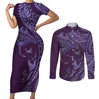 Hawaiian Manta Ray and Polynesian Tribal Tattoo Couples Matching Short Sleeve Bodycon Dress and Long Sleeve Button Shirt Purple Color LT03